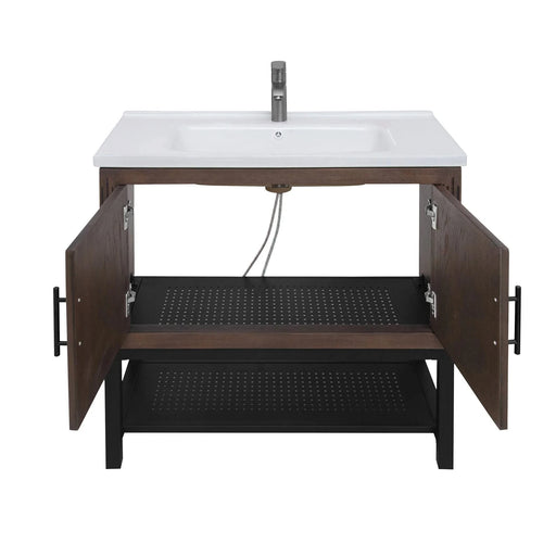 Modern Freestanding 36-Inch Bathroom Vanity with White Ceramic Sink, Hot and Cold Faucet, 2-Door Walnut Cabinet & Open Iron Shelf Default -DTYStore