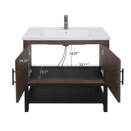 Modern Freestanding 36-Inch Bathroom Vanity with White Ceramic Sink, Hot and Cold Faucet, 2-Door Walnut Cabinet & Open Iron Shelf Default -DTYStore