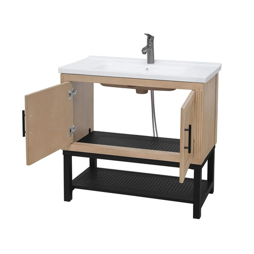 Modern Freestanding 36-Inch Bathroom Vanity with White Ceramic Sink, Hot and Cold Faucet, Storage Cabinet & Open Iron Shelf Default -DTYStore