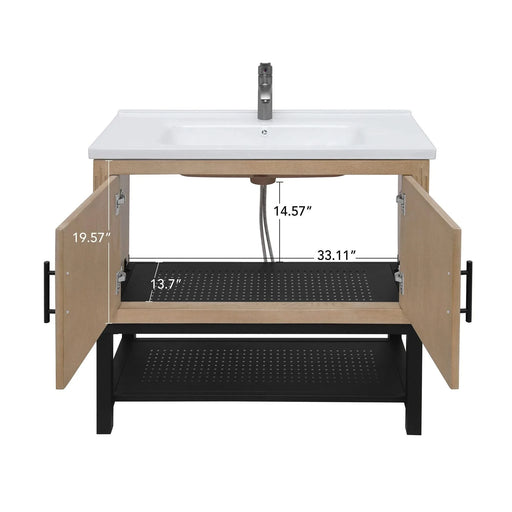 Modern Freestanding 36-Inch Bathroom Vanity with White Ceramic Sink, Hot and Cold Faucet, Storage Cabinet & Open Iron Shelf Default -DTYStore