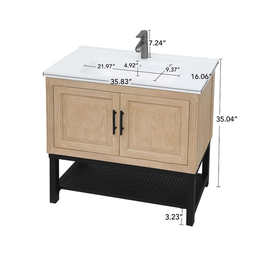 Modern Freestanding 36-Inch Bathroom Vanity with White Ceramic Sink, Hot and Cold Faucet, Storage Cabinet & Open Iron Shelf Default -DTYStore