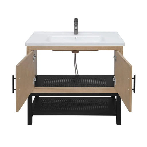 Modern Freestanding 36-Inch Bathroom Vanity with White Ceramic Sink, Hot and Cold Faucet, Storage Cabinet & Open Iron Shelf Default -DTYStore