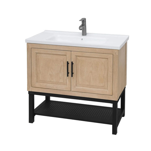 Modern Freestanding 36-Inch Bathroom Vanity with White Ceramic Sink, Hot and Cold Faucet, Storage Cabinet & Open Iron Shelf Default -DTYStore