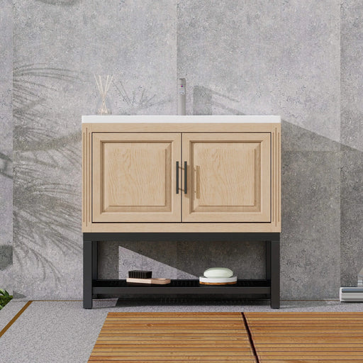 Modern Freestanding 36-Inch Bathroom Vanity with White Ceramic Sink, Hot and Cold Faucet, Storage Cabinet & Open Iron Shelf Default -DTYStore