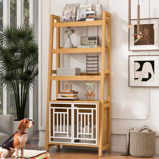 Modern Furniture Style 2 IN 1 Pet Friendly Dog Crate Ladder Bookcase in Ancient Oak MDF and Steel Default -DTYStore