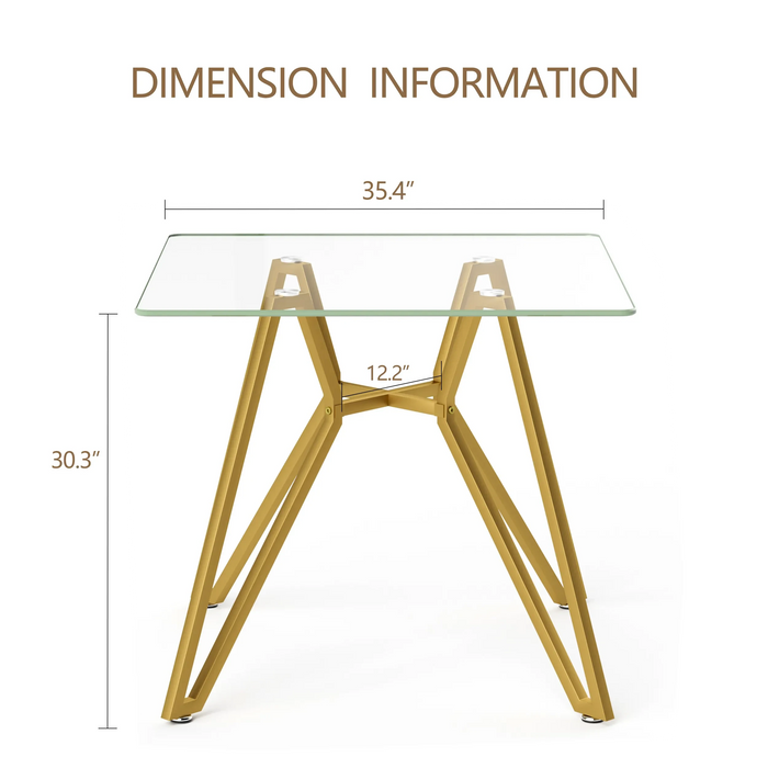 Modern Gold Glass Dining Table with Metal Legs for 2-4 People, 35.4-Inch Square Default -DTYStore