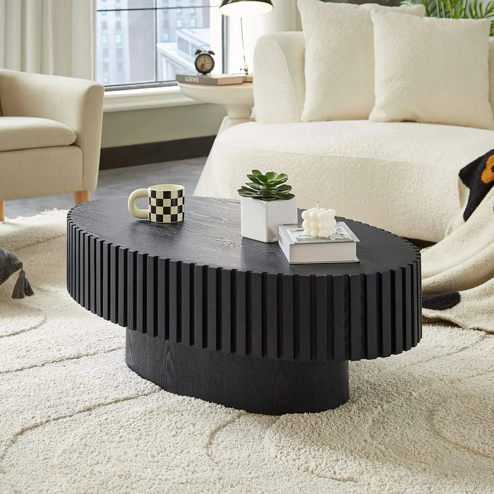 Modern Handcraft Drum Coffee Table Length 43.7 inch Ellipse Coffee Table for Living Room,Oval Small Coffee Table with Sturdy Pedestal,Black MDF Default -DTYStore