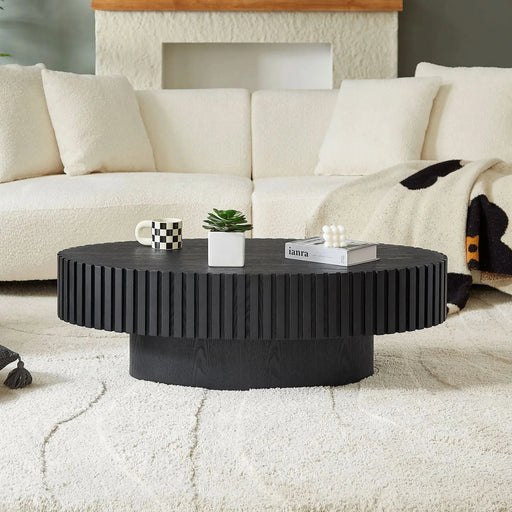 Modern Handcraft Drum Coffee Table Length 43.7 inch Ellipse Coffee Table for Living Room,Oval Small Coffee Table with Sturdy Pedestal,Black MDF Default -DTYStore