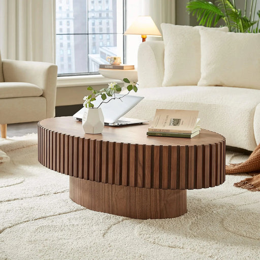 Modern Handcraft Drum Coffee Table Length 43.7 inch Ellipse Coffee Table for Living Room,Oval Small Coffee Table with Sturdy Pedestal,Walnut MDF Default -DTYStore