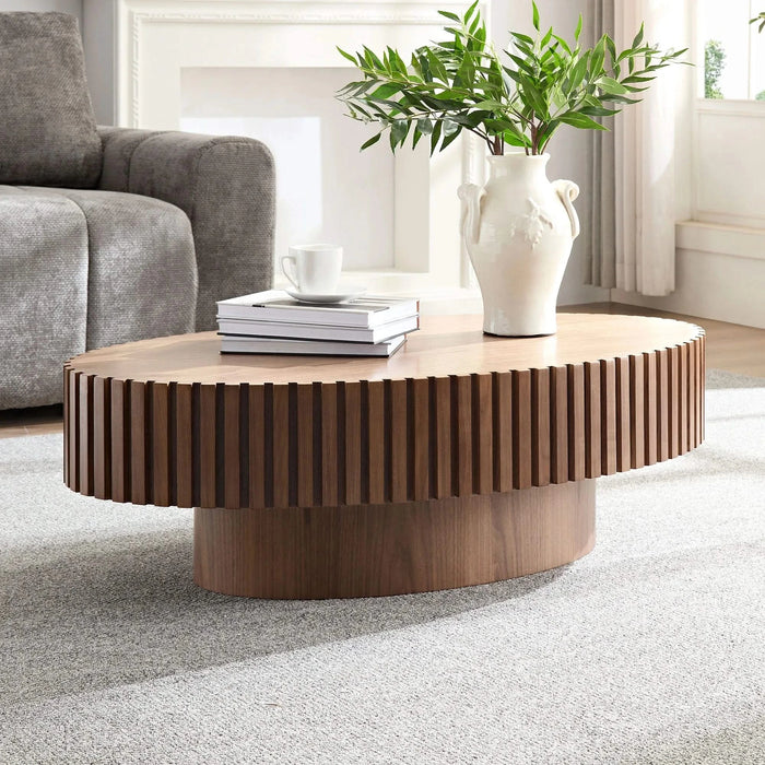 Modern Handcraft Drum Coffee Table Length 43.7 inch Ellipse Coffee Table for Living Room,Oval Small Coffee Table with Sturdy Pedestal,Walnut MDF Default -DTYStore
