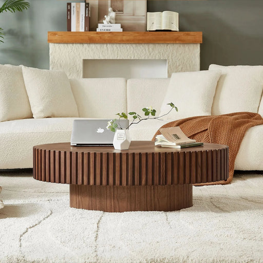 Modern Handcraft Drum Coffee Table Length 43.7 inch Ellipse Coffee Table for Living Room,Oval Small Coffee Table with Sturdy Pedestal,Walnut MDF Default -DTYStore