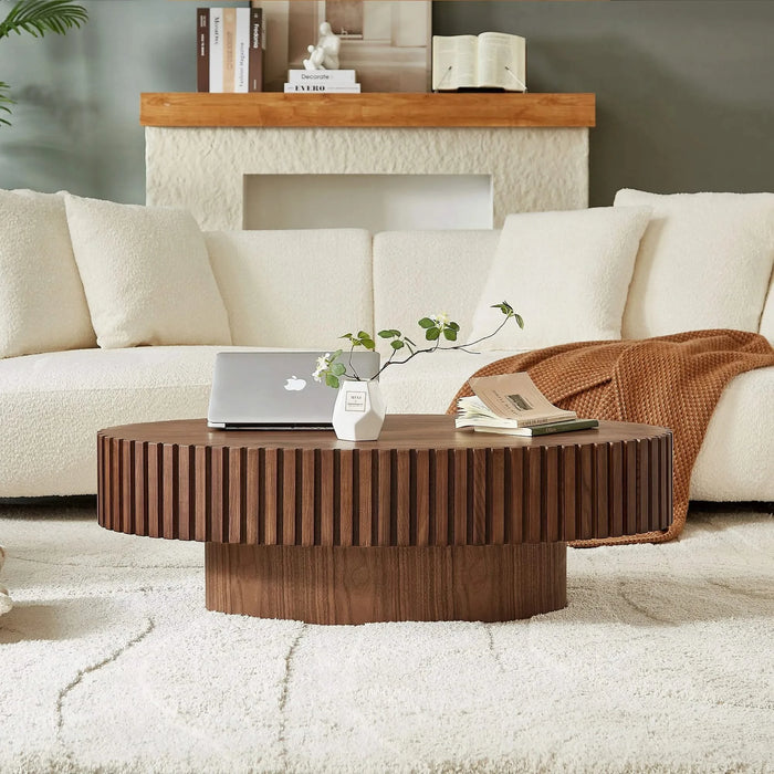 Modern Handcraft Drum Coffee Table Length 43.7 inch Ellipse Coffee Table for Living Room,Oval Small Coffee Table with Sturdy Pedestal,Walnut MDF Default -DTYStore