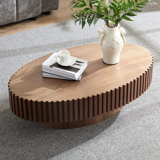 Modern Handcraft Drum Coffee Table Length 43.7 inch Ellipse Coffee Table for Living Room,Oval Small Coffee Table with Sturdy Pedestal,Walnut MDF Default -DTYStore