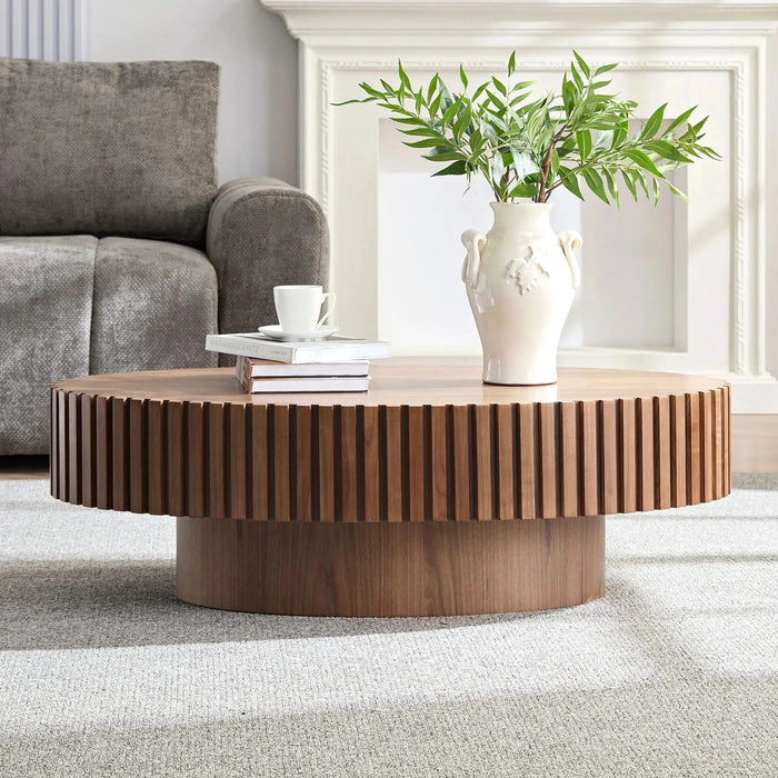 Modern Handcraft Drum Coffee Table Length 43.7 inch Ellipse Coffee Table for Living Room,Oval Small Coffee Table with Sturdy Pedestal,Walnut MDF Default -DTYStore
