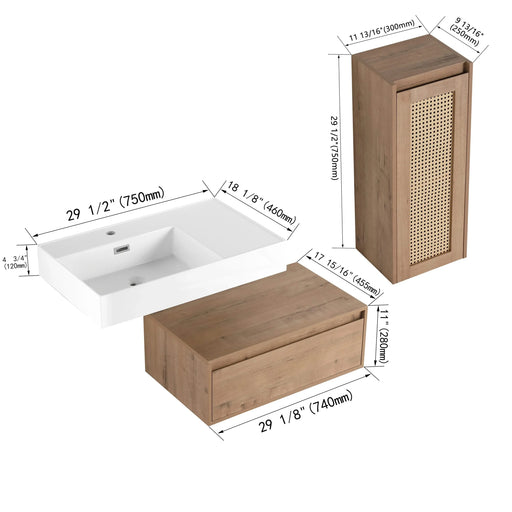 Modern Imitative Oak 30-Inch Wall-Mounted Bathroom Vanity with Resin Sink and Side Cabinet Default -DTYStore