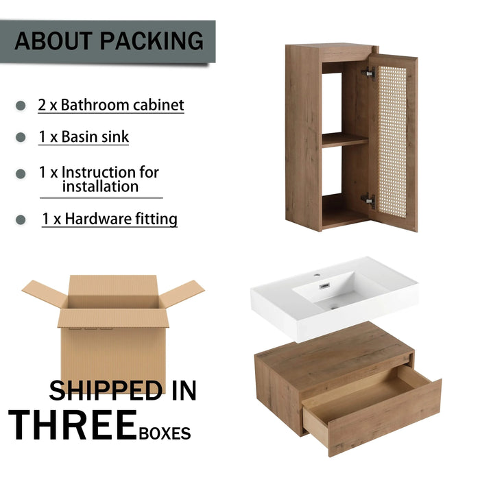 Modern Imitative Oak 30-Inch Wall-Mounted Bathroom Vanity with Resin Sink and Side Cabinet Default -DTYStore