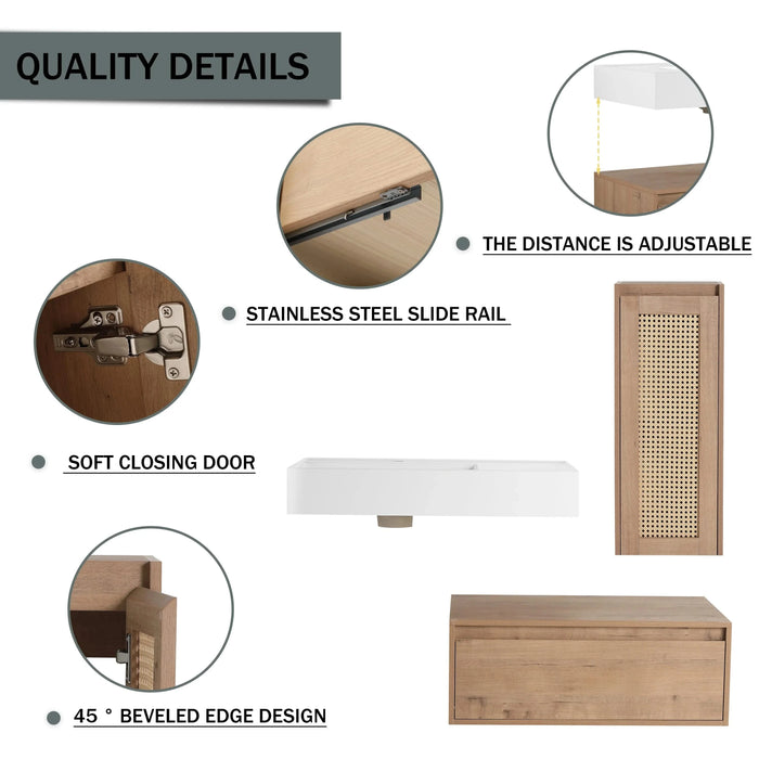 Modern Imitative Oak 30-Inch Wall-Mounted Bathroom Vanity with Resin Sink and Side Cabinet Default -DTYStore