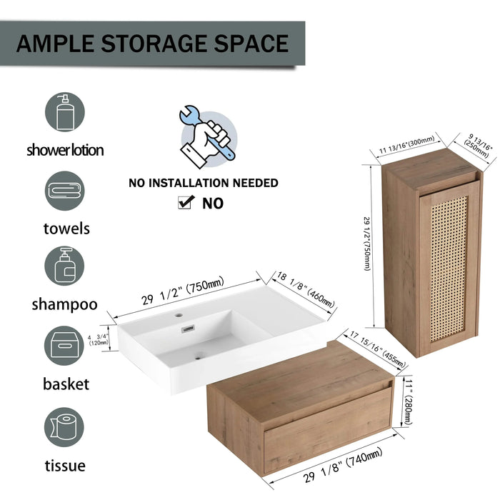 Modern Imitative Oak 30-Inch Wall-Mounted Bathroom Vanity with Resin Sink and Side Cabinet Default -DTYStore