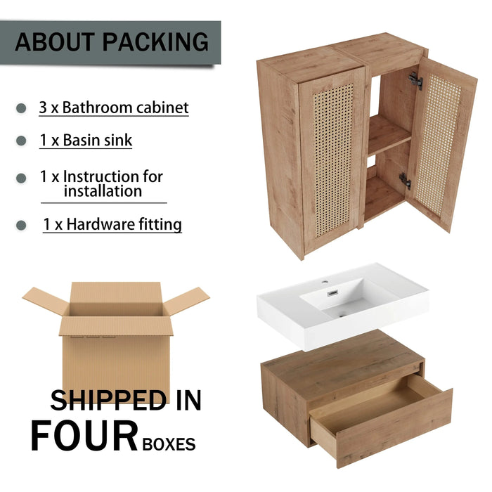 Modern Imitative Oak Wall-Mounted Bathroom Vanity with Resin Sink & Two Side Cabinet, Soft Close Drawer, 30 Inch Default -DTYStore