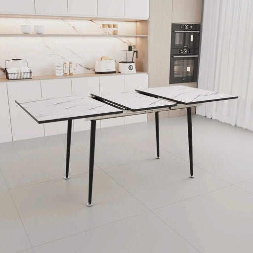 Modern Industrial Expandable Dining Table 47' to 63' with Marble Pattern MDF Top and Black Metal Legs, Default -DTYStore