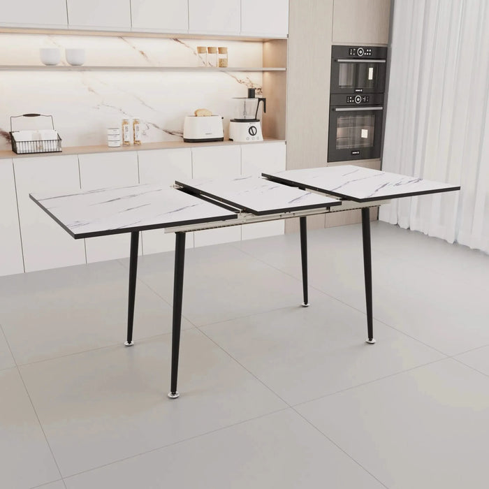 Modern Industrial Expandable Dining Table 47' to 63' with Marble Pattern MDF Top and Black Metal Legs, Default -DTYStore