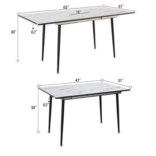 Modern Industrial Expandable Dining Table 47' to 63' with Marble Pattern MDF Top and Black Metal Legs, Default -DTYStore