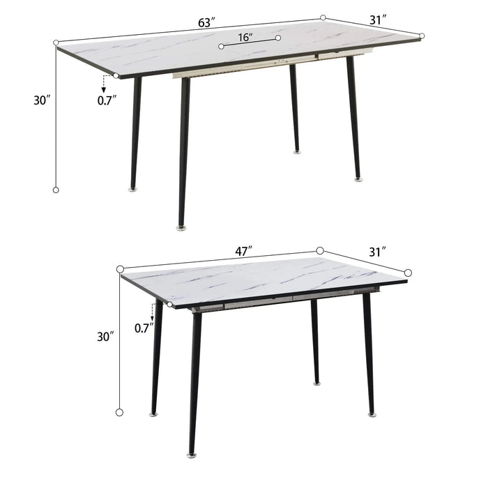 Modern Industrial Expandable Dining Table 47' to 63' with Marble Pattern MDF Top and Black Metal Legs, Default -DTYStore