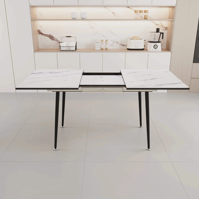 Modern Industrial Expandable Dining Table 47' to 63' with Marble Pattern MDF Top and Black Metal Legs, Default -DTYStore