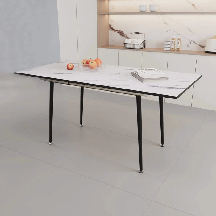 Modern Industrial Expandable Dining Table 47' to 63' with Marble Pattern MDF Top and Black Metal Legs, Default -DTYStore