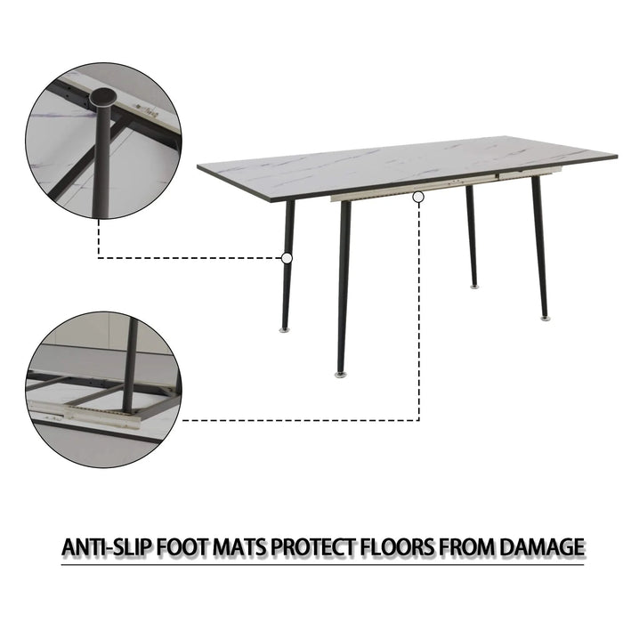 Modern Industrial Expandable Dining Table 47' to 63' with Marble Pattern MDF Top and Black Metal Legs, Default -DTYStore