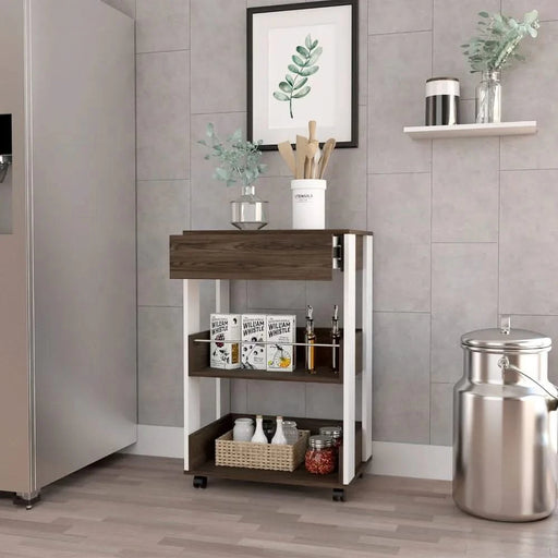 Modern Kitchen Cart 35' H, Four Casters, Three Shelves, White / Dark Walnut Default -DTYStore