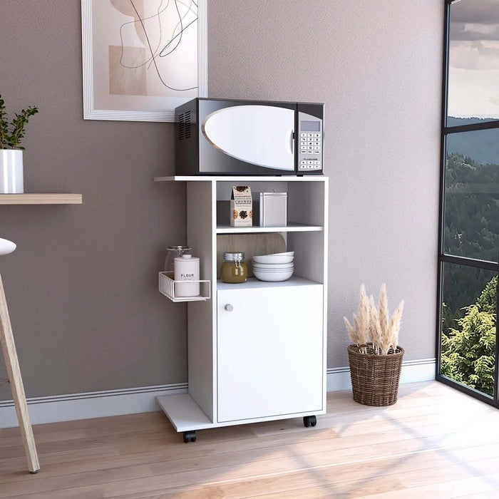 Modern Kitchen Cart 39' H, Single Door Cabinet, Four Wheels, One Side Shelf, White Default -DTYStore