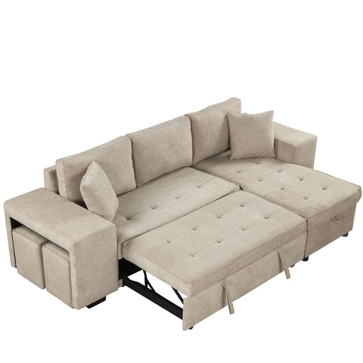 Modern L-Shape 3 Seat Reversible Sectional Couch with Pull Out Sleeper, Storage Chaise & 2 Stools, Cream, Linen Chenille Default -DTYStore