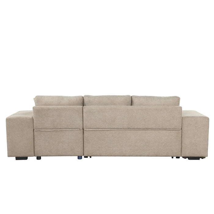 Modern L-Shape 3 Seat Reversible Sectional Couch with Pull Out Sleeper, Storage Chaise & 2 Stools, Cream, Linen Chenille Default -DTYStore