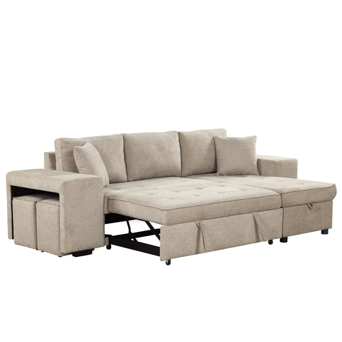 Modern L-Shape 3 Seat Reversible Sectional Couch with Pull Out Sleeper, Storage Chaise & 2 Stools, Cream, Linen Chenille Default -DTYStore