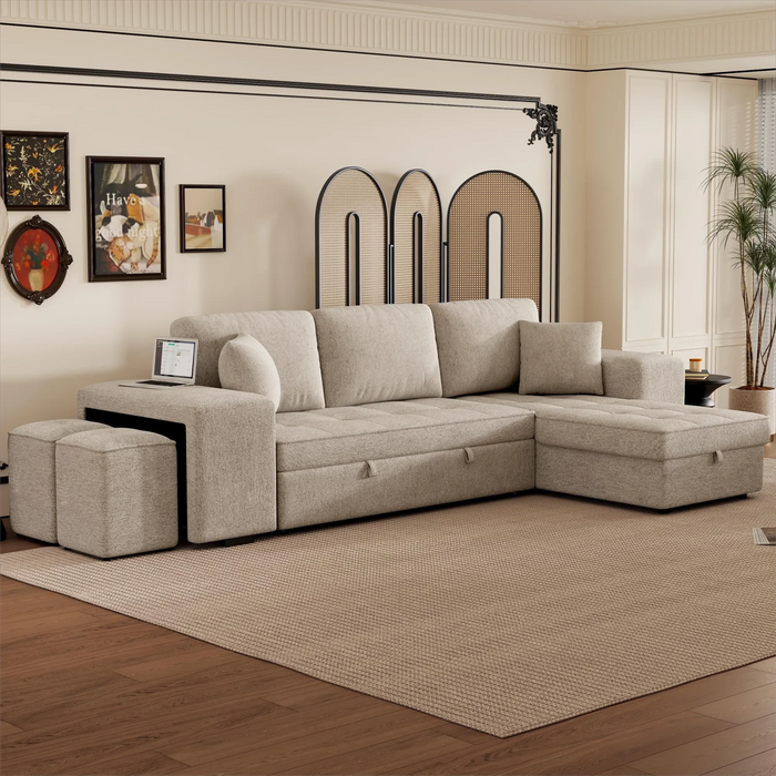 Modern L-Shape 3 Seat Reversible Sectional Couch with Pull Out Sleeper, Storage Chaise & 2 Stools, Cream, Linen Chenille Default -DTYStore