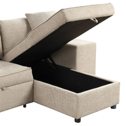 Modern L-Shape 3 Seat Reversible Sectional Couch with Pull Out Sleeper, Storage Chaise & 2 Stools, Cream, Linen Chenille Default -DTYStore