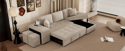 Modern L-Shape 3 Seat Reversible Sectional Couch with Pull Out Sleeper, Storage Chaise & 2 Stools, Cream, Linen Chenille Default -DTYStore