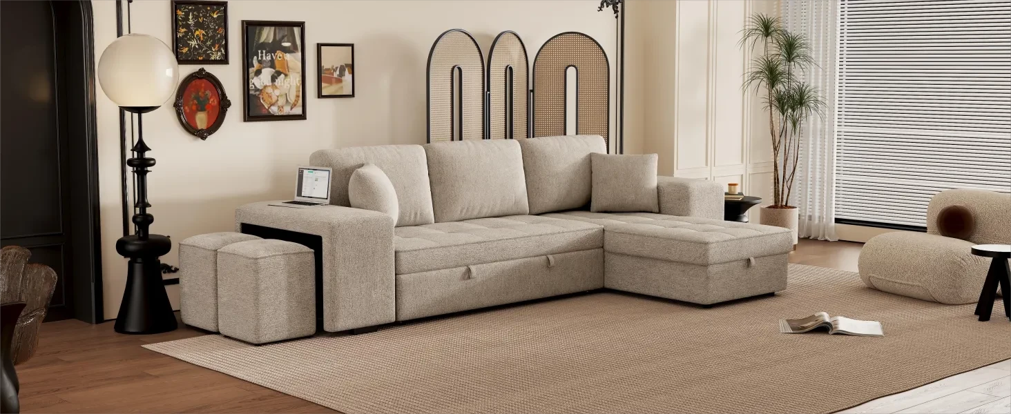 Modern L-Shape 3 Seat Reversible Sectional Couch with Pull Out Sleeper, Storage Chaise & 2 Stools, Cream, Linen Chenille Default -DTYStore