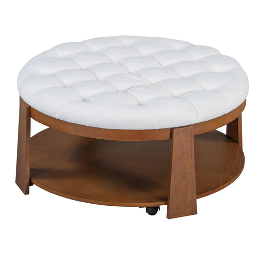 Modern Large Round Ottoman Coffee Table 2-Tier Oversized Button Tufted Ottoman with Wood Shelf Storage Upholstered Coffee Table for Living Room Footrest Ottoman with wheel, waterproof Linen Default -DTYStore
