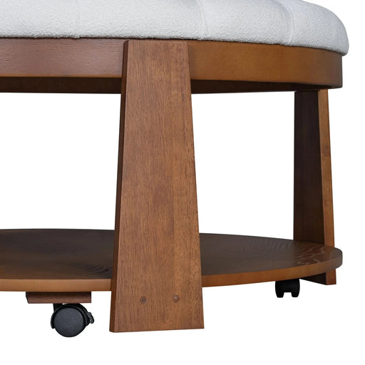 Modern Large Round Ottoman Coffee Table 2-Tier Oversized Button Tufted Ottoman with Wood Shelf Storage Upholstered Coffee Table for Living Room Footrest Ottoman with wheel, waterproof Linen Default -DTYStore