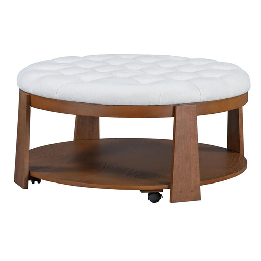 Modern Large Round Ottoman Coffee Table 2-Tier Oversized Button Tufted Ottoman with Wood Shelf Storage Upholstered Coffee Table for Living Room Footrest Ottoman with wheel, waterproof Linen Default -DTYStore
