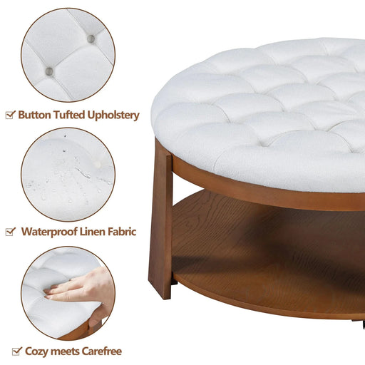 Modern Large Round Ottoman Coffee Table 2-Tier Oversized Button Tufted Ottoman with Wood Shelf Storage Upholstered Coffee Table for Living Room Footrest Ottoman with wheel, waterproof Linen Default -DTYStore