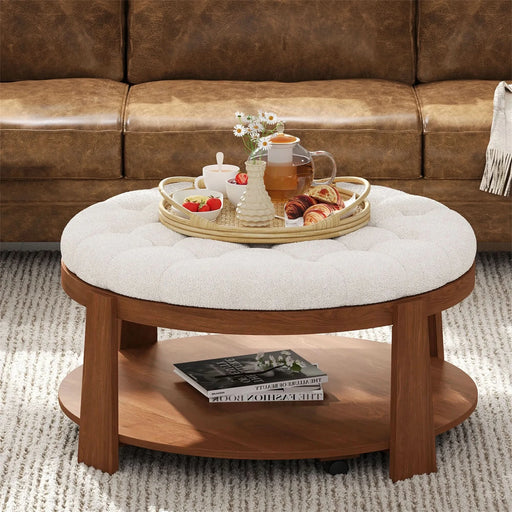 Modern Large Round Ottoman Coffee Table 2-Tier Oversized Button Tufted Ottoman with Wood Shelf Storage Upholstered Coffee Table for Living Room Footrest Ottoman with wheel, waterproof Linen Default -DTYStore