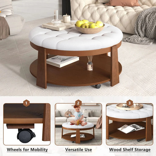 Modern Large Round Ottoman Coffee Table 2-Tier Oversized Button Tufted Ottoman with Wood Shelf Storage Upholstered Coffee Table for Living Room Footrest Ottoman with wheel, waterproof Linen Default -DTYStore