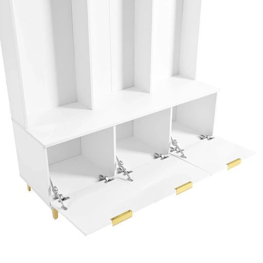 Modern Large Storage Hall Tree with Bench, Multifunctional Storage Bench with High Gloss Fluted Doors, Luxurious Coat Rack with 6 Gold Hooks and Legs for Entryway, Living Room, White Default -DTYStore