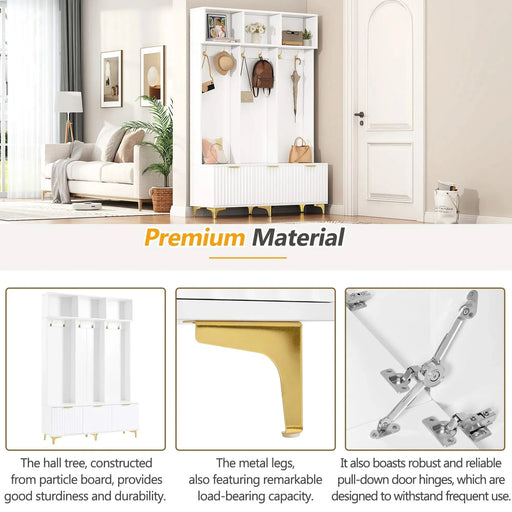 Modern Large Storage Hall Tree with Bench, Multifunctional Storage Bench with High Gloss Fluted Doors, Luxurious Coat Rack with 6 Gold Hooks and Legs for Entryway, Living Room, White Default -DTYStore
