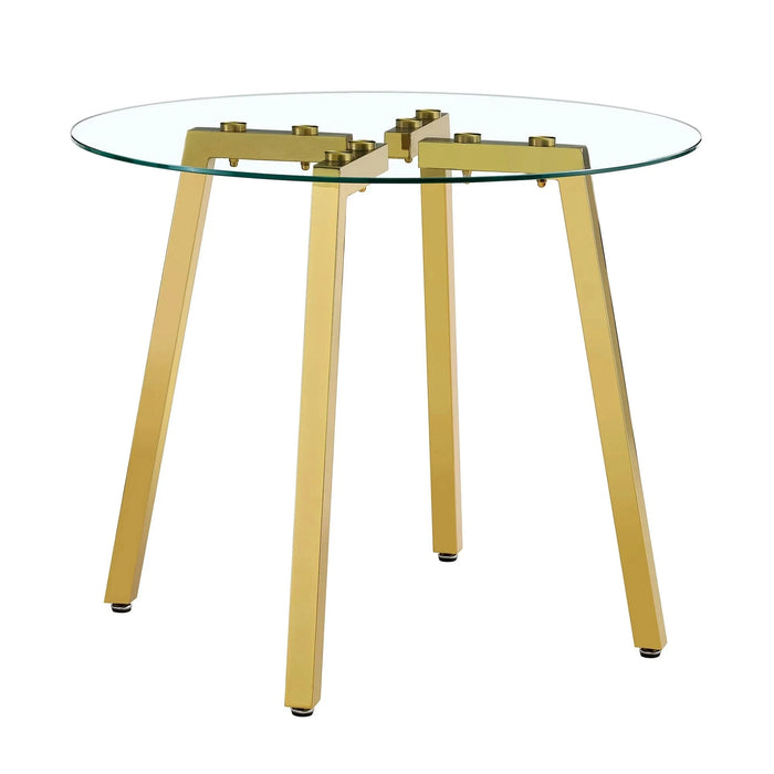 Modern Luxurious Round Tempered Glass Dining Table with Gold 7-Shaped Metal Legs,suitable for family meals, office conferences, or as a casual coffee table for various occasions.36*36*29.5 Default -DTYStore