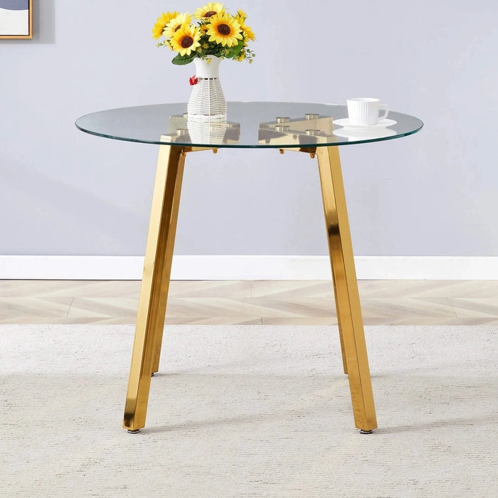 Modern Luxurious Round Tempered Glass Dining Table with Gold 7-Shaped Metal Legs,suitable for family meals, office conferences, or as a casual coffee table for various occasions.36*36*29.5 Default -DTYStore