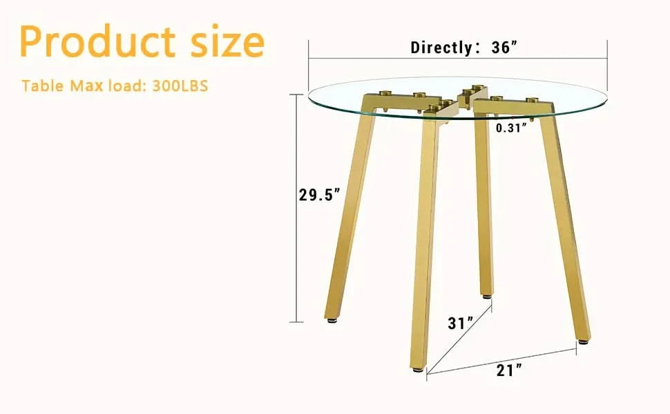 Modern Luxurious Round Tempered Glass Dining Table with Gold 7-Shaped Metal Legs,suitable for family meals, office conferences, or as a casual coffee table for various occasions.36*36*29.5 Default -DTYStore